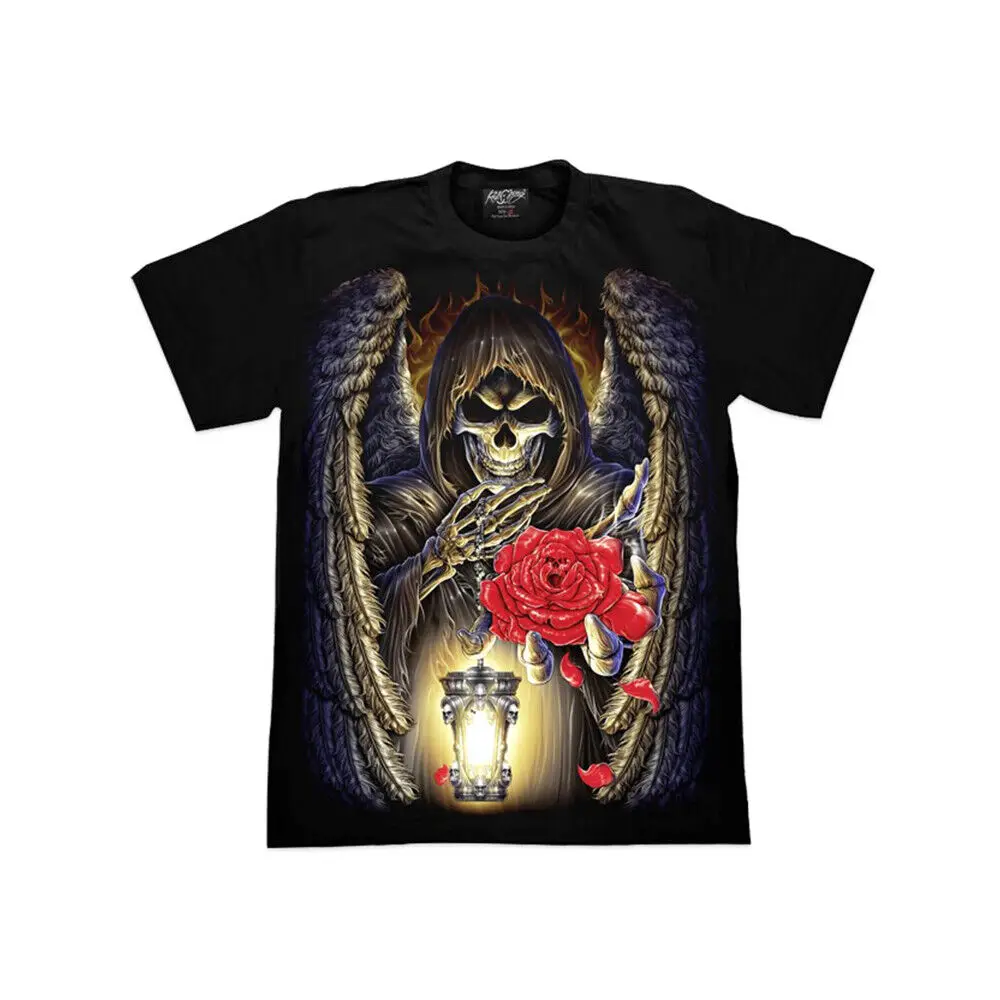 Grim Reaper  T Shirt Angel of Death Halloween Glow In The Dark Red Rose