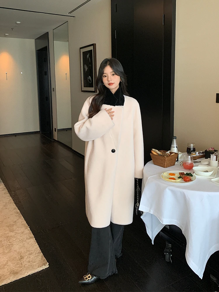 Dayaier 秋冬新スタイルロングシープスキンコート女性の非対称スタンドカラー 3 ボタン通勤ファッションウール