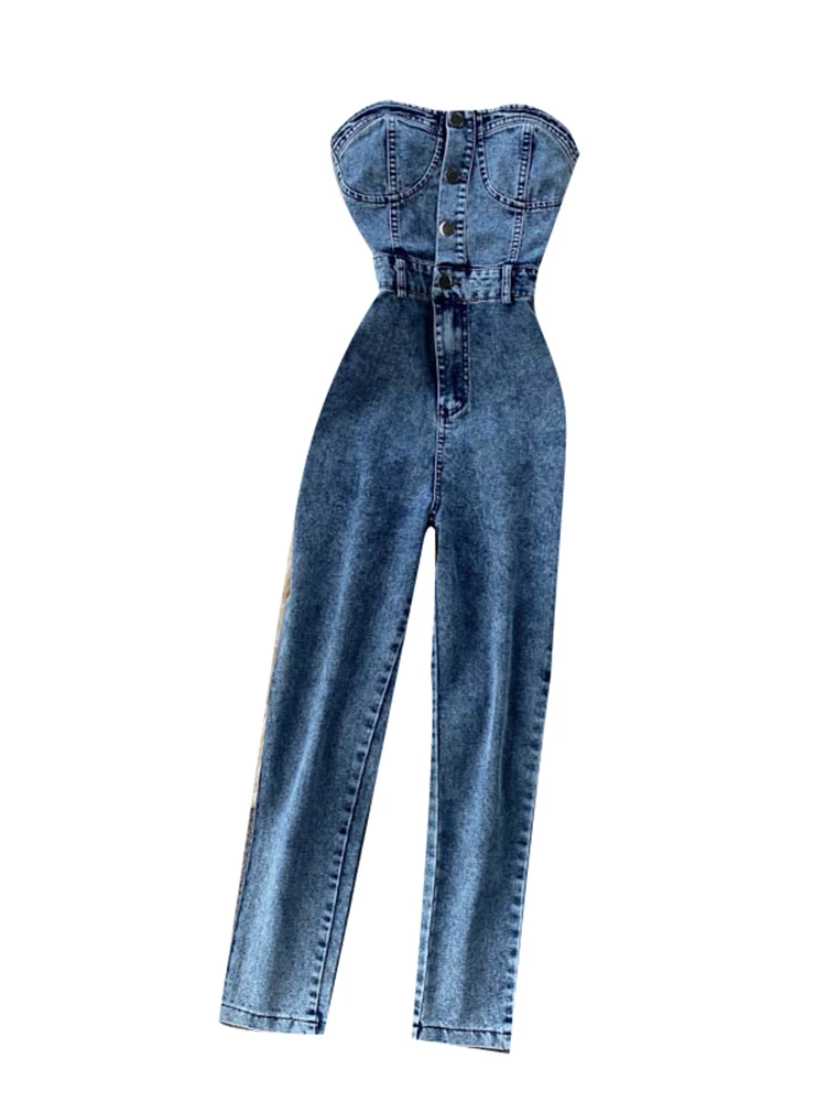 Imagem -06 - Ewq-macacão Jeans Elegante sem Mangas Feminino Macacão de Cintura Alta sem Alças Monocromático Chique Inverno Primavera Novo 2023 27sn5080