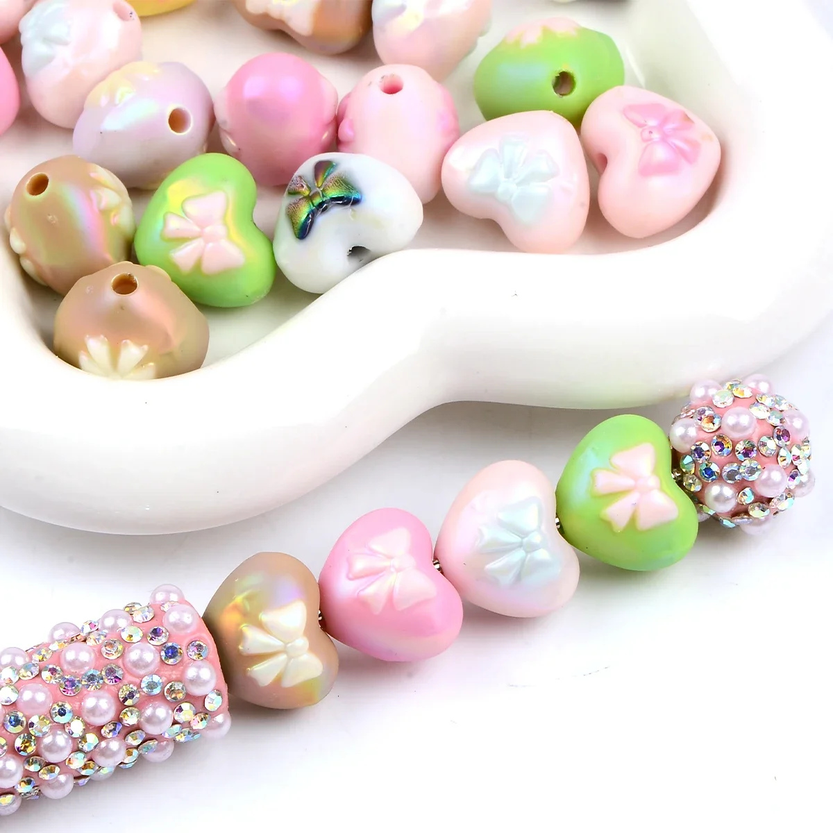 10pcs/20pcs Random Color Love Bow Heart Shape Acrylic Beads For Pen Keychain Handmade DIY Jewelry Making