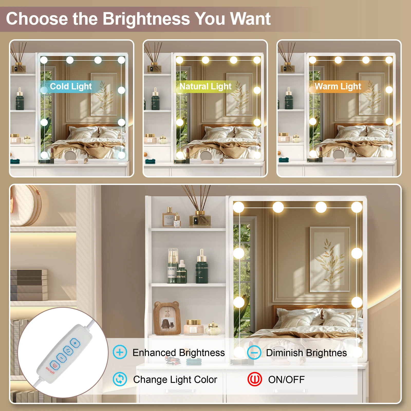 طاولة زينة خشبية أنيقة مع مرآة مضيئة: 3 أوضاع قابلة للتعديل وأدراج وتخزين #4