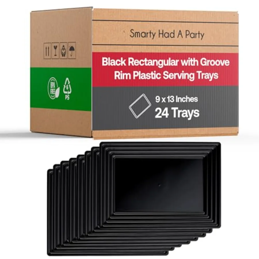 

Elegant Disposable Plastic Serving Trays 24 Pcs Heavywght Fancy 9"x13" Rectangular Black Large Serving Platters - Party Appetiz