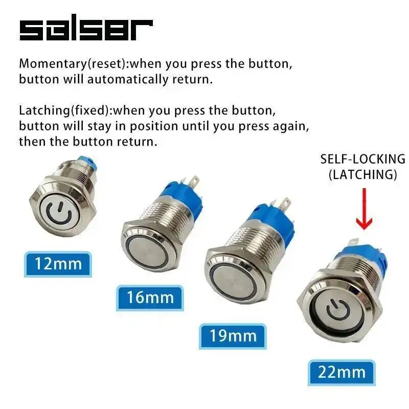 12/16/19/22 مللي متر لتقوم بها بنفسك مفتاح بـزر دفع معدني شقة مستديرة رئيس مصباح ليد الطاقة مقاوم للماء IP65 الذاتي قفل إعادة تعيين 6 فولت 12 فولت 24 فولت 220 فولت #3