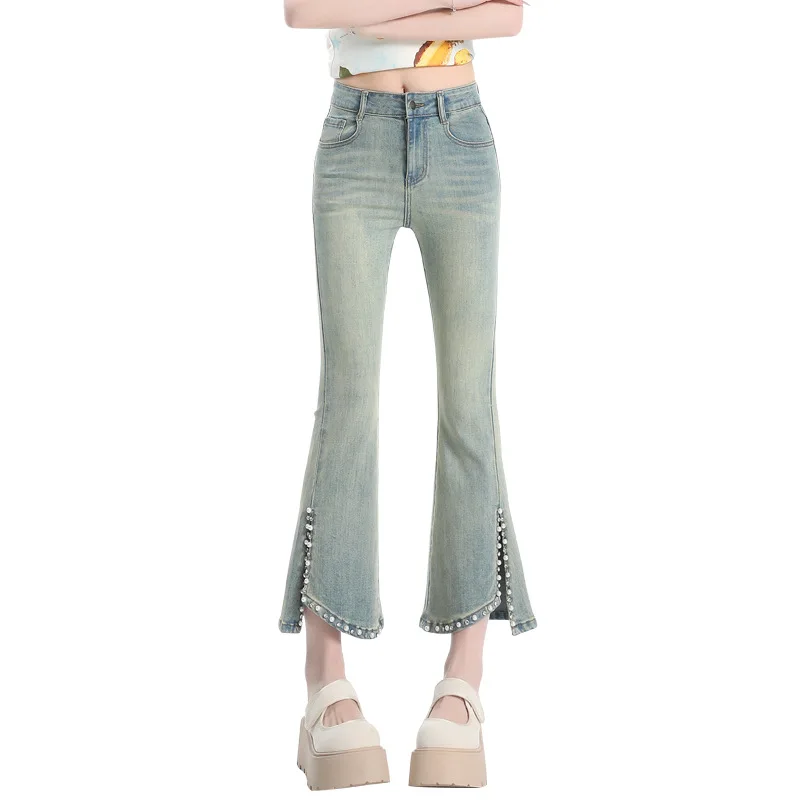 Nuevos pantalones vaqueros micro acampanados con cuentas de alta resistencia, nuevos pantalones vaqueros de nueve pulgadas de estilo informal con abertura elástica a la moda para primavera y verano para mujer