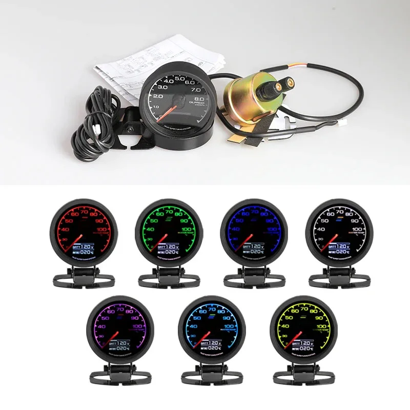 Oil Press Gauge 7 Light Colors LCD Display With Voltage Oil Pressure 62mm 2.5 Inch With Sensor Racing Gauge