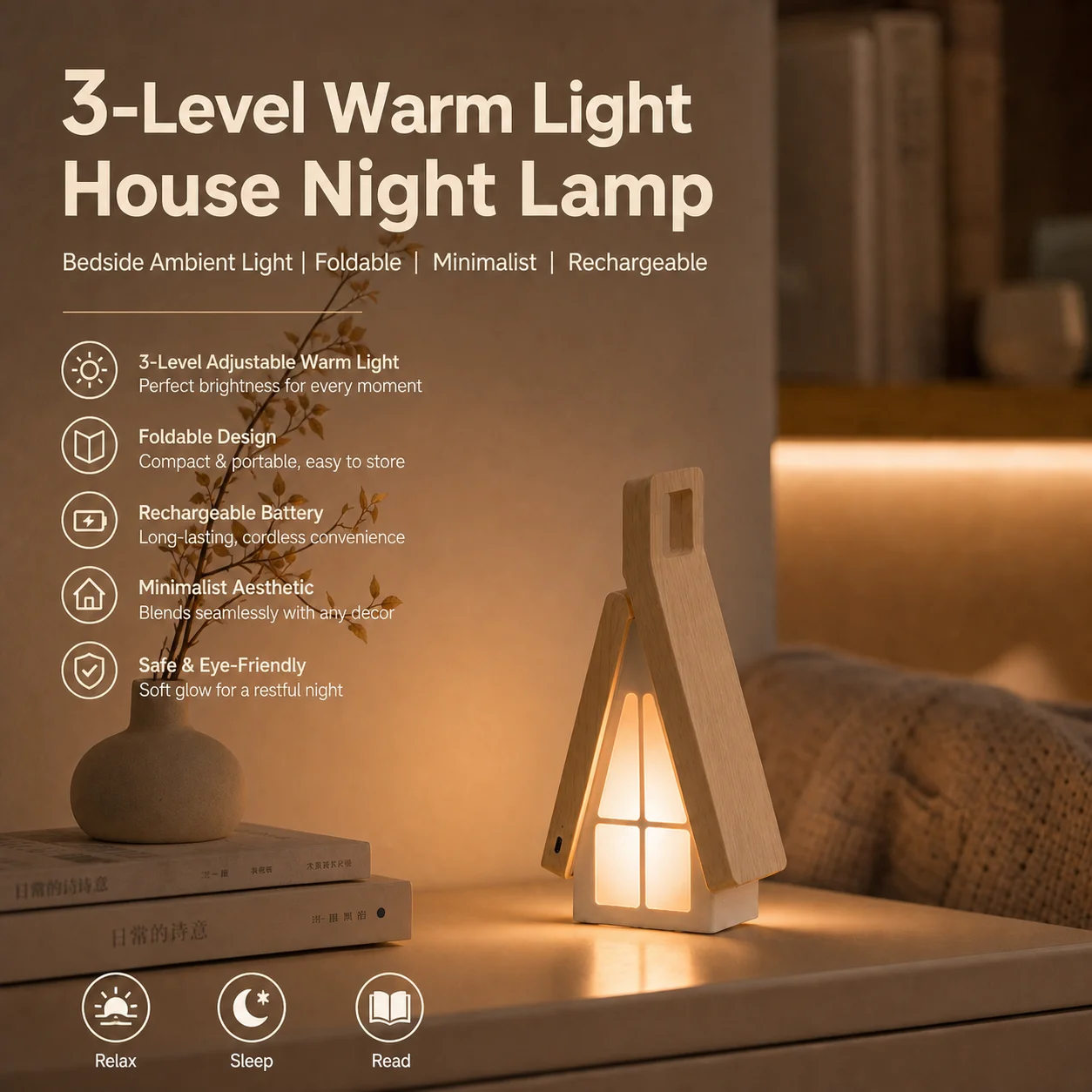 WWPPU Wooden Cabin Table Lamp Foldable House Night Light 3 Levels Touch Dimming Cordless Rechargeable Bedside Camping Lantern