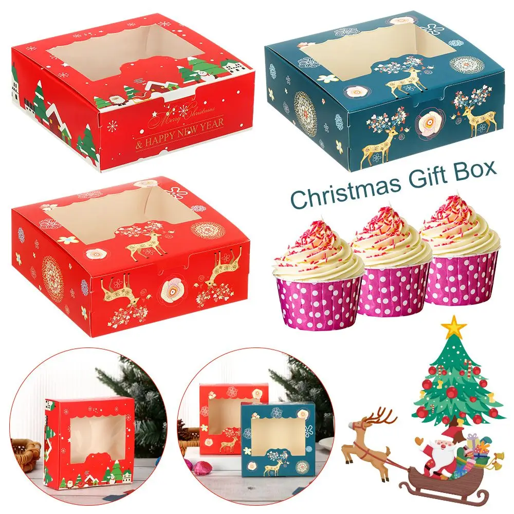 1/10pcs 4 Cup Christmas Cardboard Cake Boxes Christmas Gift Box Candy Biscuit Gift Wrapping Box Cupcake Cake Packaging Box