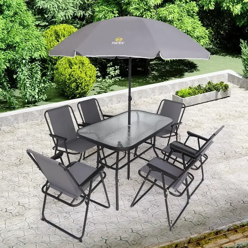 8 Piece Set with Umbrella, Garden Outdoor Furniture Table Set with Removable Umbrella, Glass Table, and 6 Folding Chairs (Grey)