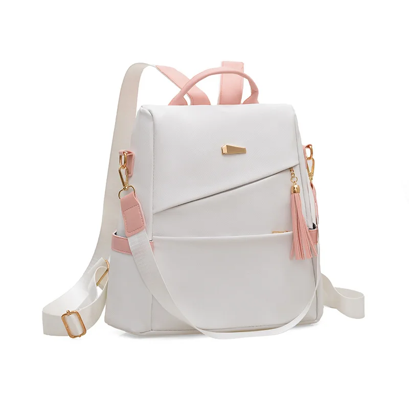 1pcs PU Color Block Tassel Backpack Black and Pink Large Capacity Commuter Bag