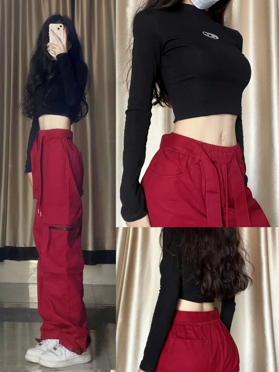 

American Retro Street Hip Hop Red Work Pants Women High Street Design Sense Straight Leg Wide Leg Casual Pants