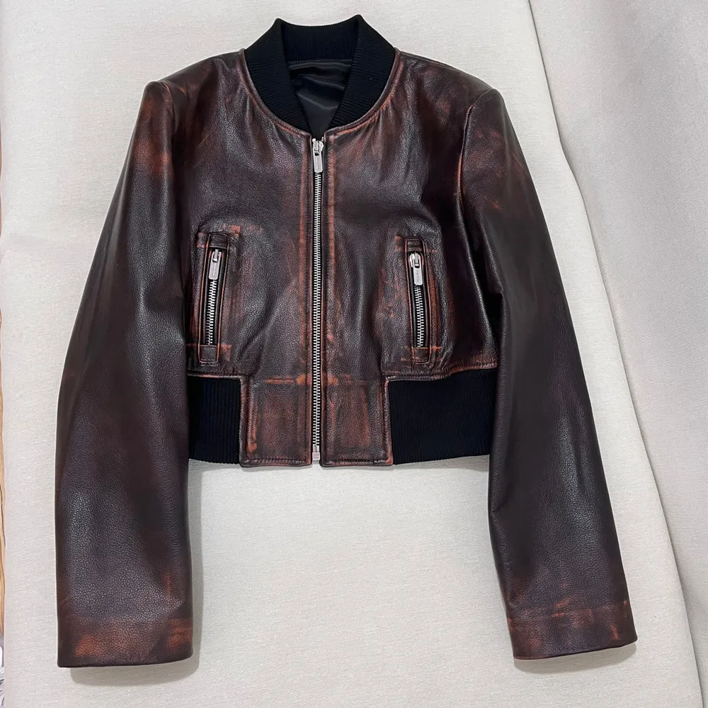 2024 Fall Winter Lambskin Jacket Fashion Elastic High Waist Female Genuine Leather Retro Distressed Baseball Leather Jacket Coat