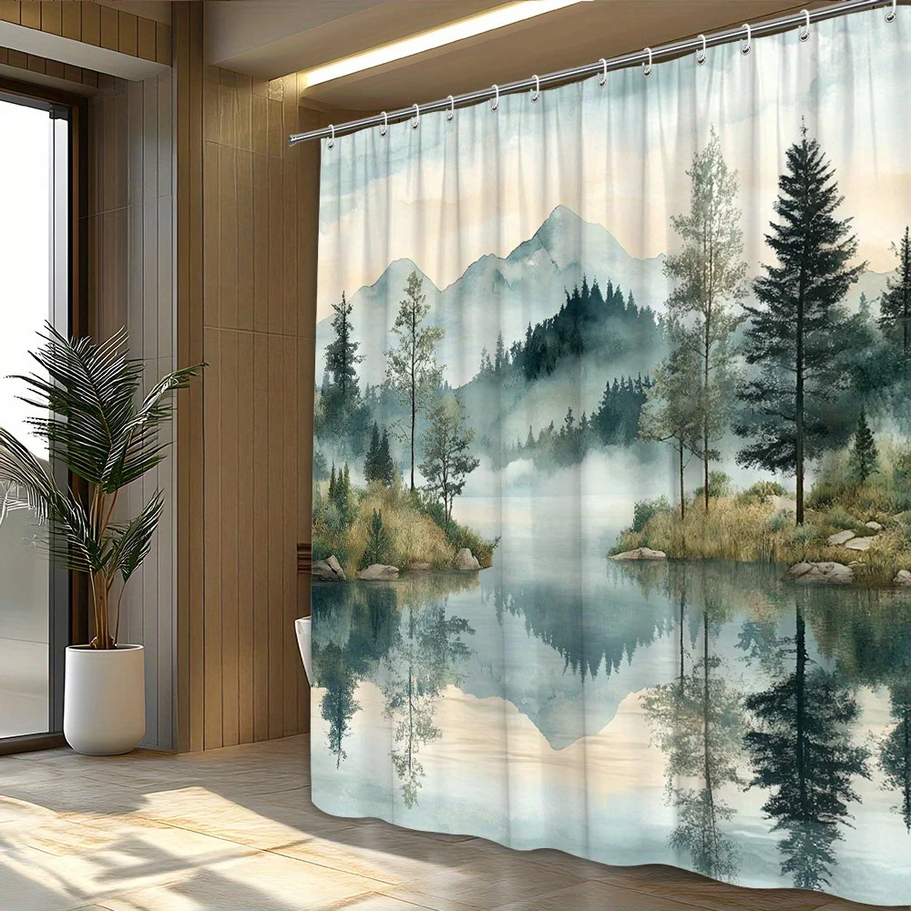 

Занавеска для душа Tranquil Lakeside Scene | Акварельный пейзаж с туманными горами и вечнозелеными деревьями | Мягкая пастель полиэстер F