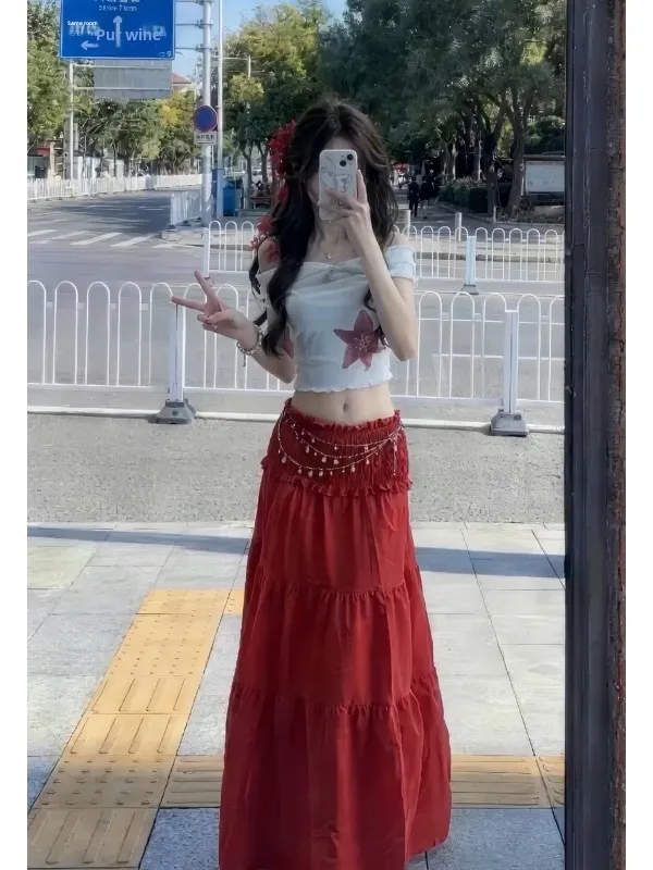 

Летний комплект 2026: Новое пляжное платье ярко-красного цвета в отпускном стиле, с одним открытым плечом, облегающее, модный женский комплект в стиле «сладкий и пикантный»