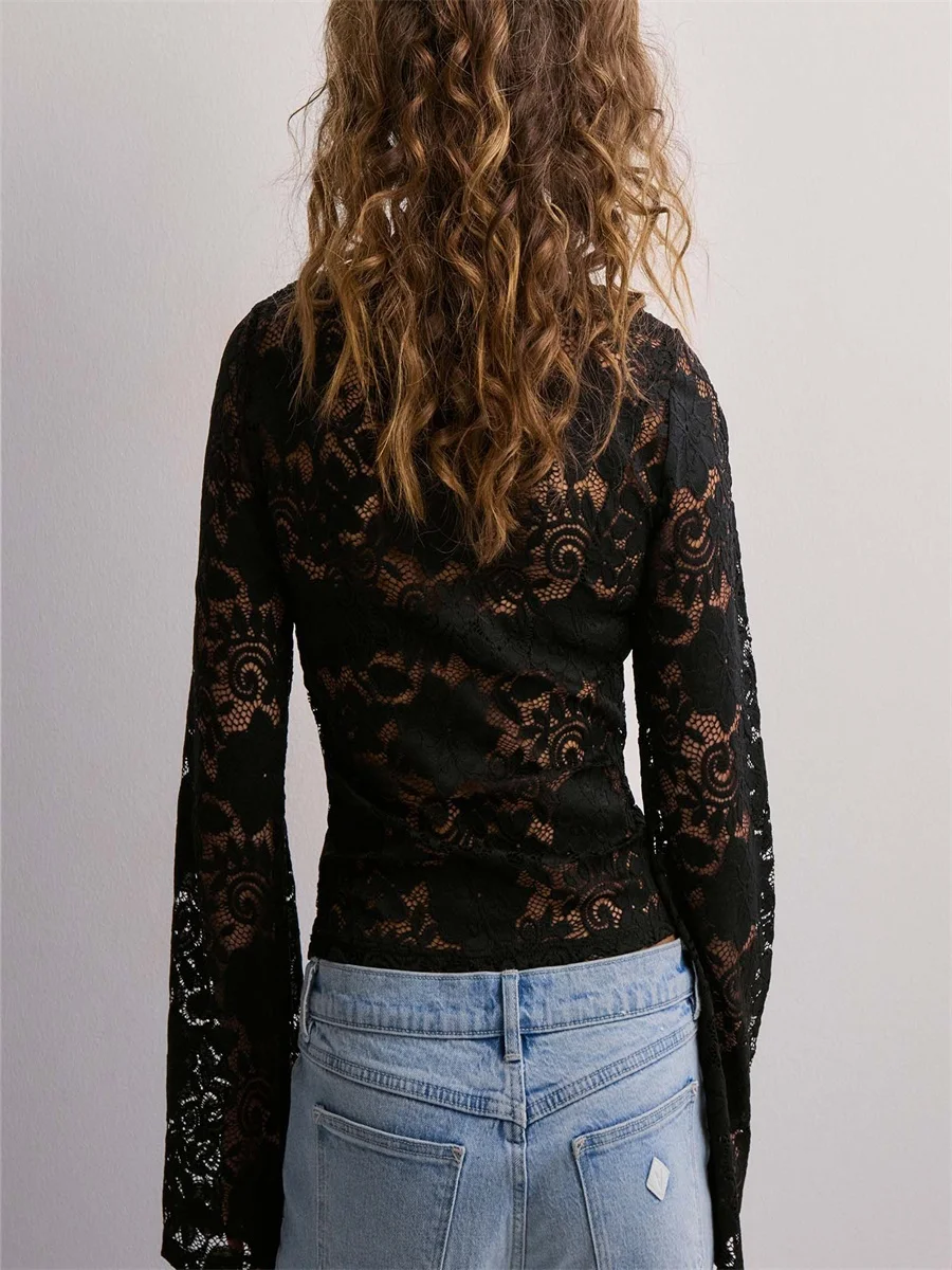 Womens Sheer Tops Floral Lace Bow Scoop Neck Long Sleeve Casual Cover Ups Crop Shirt for Parties