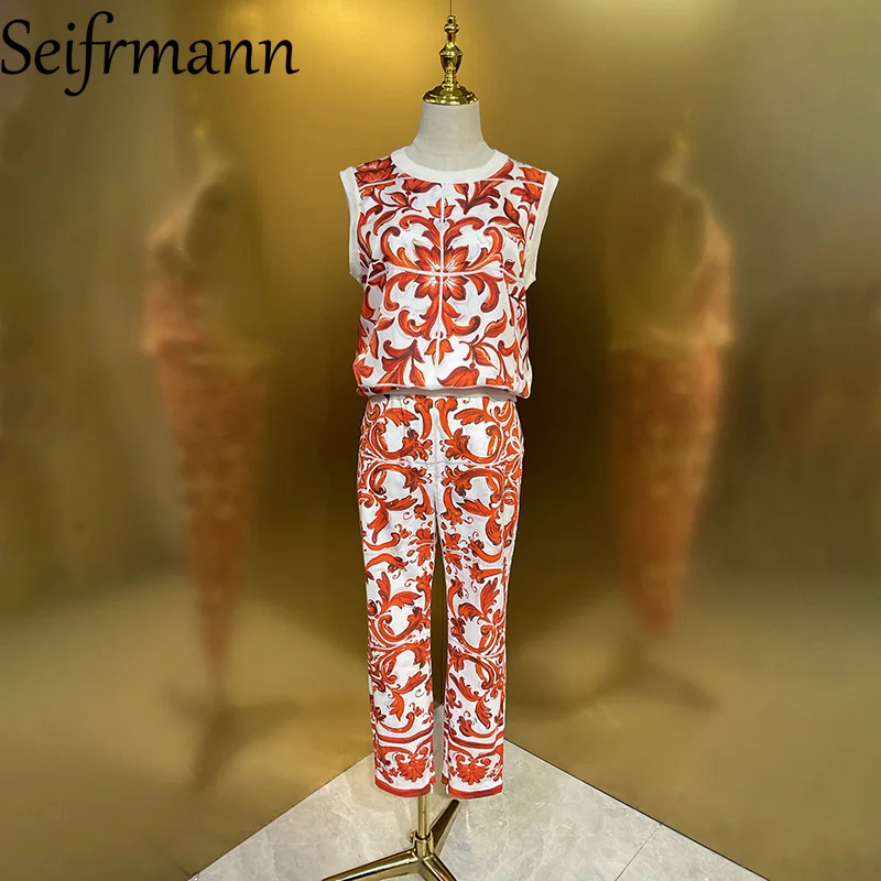 

Seifrmann 2026 Summer Women's New Fashion Round Neck Sleeveless Silk Printed Top+Elastic Cotton Pants Two Piece Set