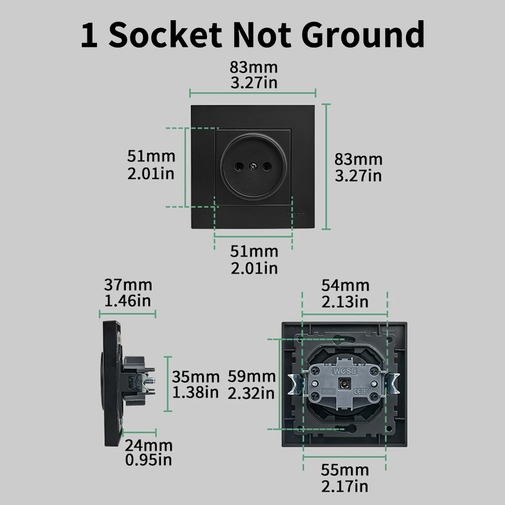 Black Flame Retardant Wall Embedded Electrical Outlets AC Power Sockets Not Ground Paint Plastic EU Standard Classic 250V Ground view 6