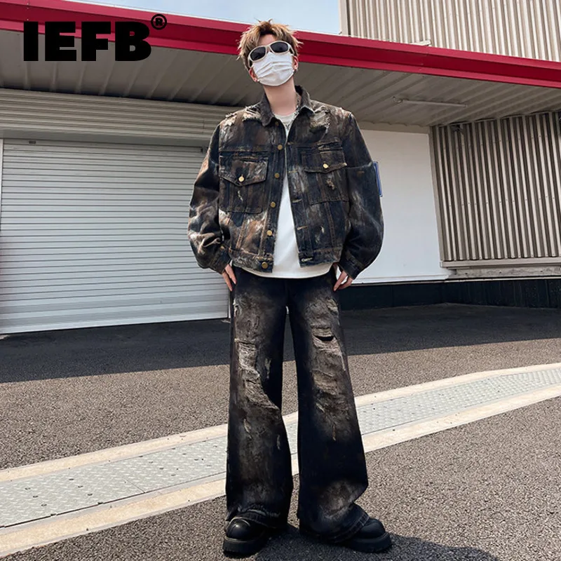 IEFB New Fashion Men's Denim Two-piece Set Worn-out Male Suit Turn-down Collar Single Breasted Jacket Straight Jeans 9C8911