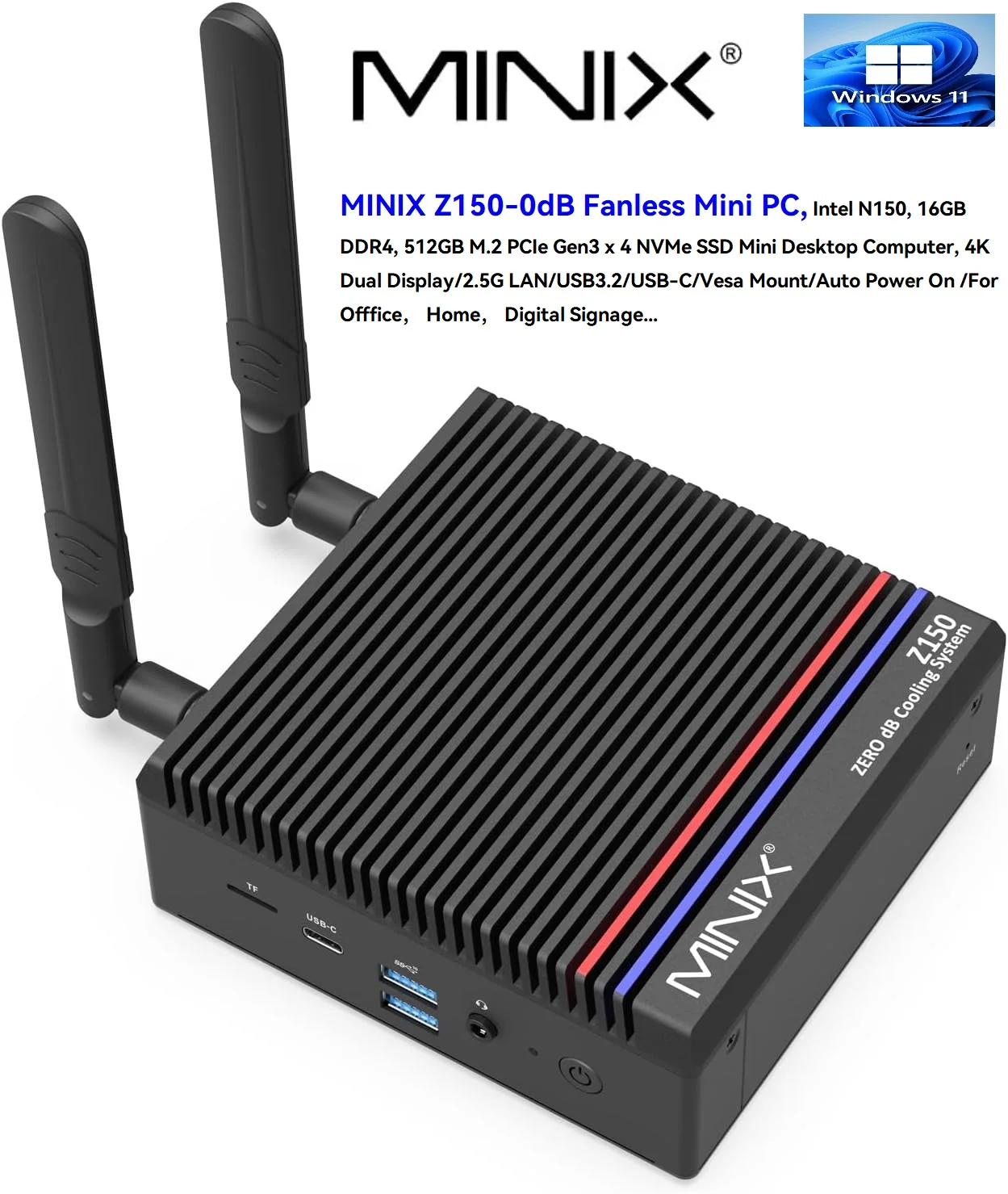 MINIX Z150 fanless mini PC , 16GB DDR4, 512GB M.2 PCIe X4 NVMe SSD Windows 11 Desktop Computer,2.5 GbE Ethernet, Dual HDMI 4K