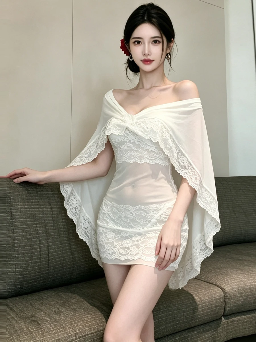 Pure Desire Fashion Lace Trim White See through Mesh Hooded Hollow out Tight Seductive Body Con Dress Women's Dress