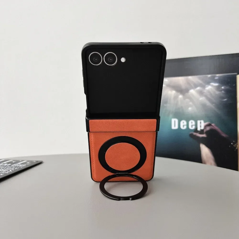 حافظة هاتف جلدية مغناطيسية لهاتف سامسونج جالاكسي Z Flip 7 FE 6 5 4 3 Flip7 Flip6 Flip5 5G حلقة حامل المفصلي الغطاء الواقي #4