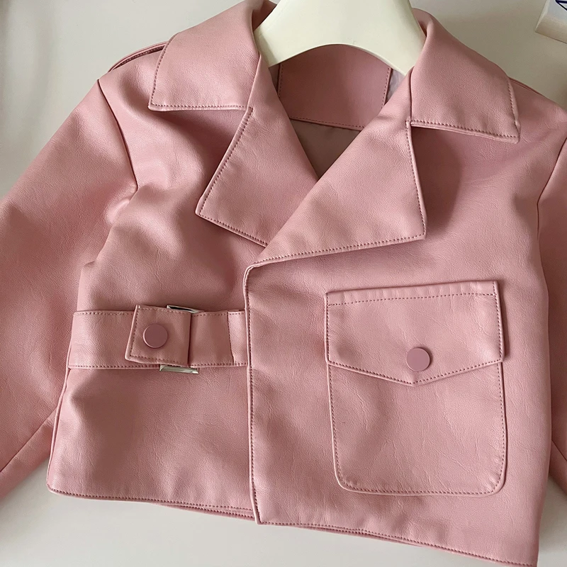 Motorcycle Girls Leather Jacket 2024 Spring Autumn New Solid Color Short Style Lapel Coat For 2-8Y Kids Fashion Pu Outerwear