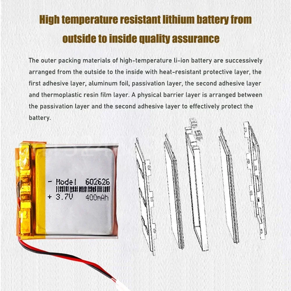 602626   Batería recargable de polímero de litio de 400mah, células Lipo de 3,7 V para MP3, MP4, GPS, grabadora de coche, auriculares Bluetooth, baterías de juguete