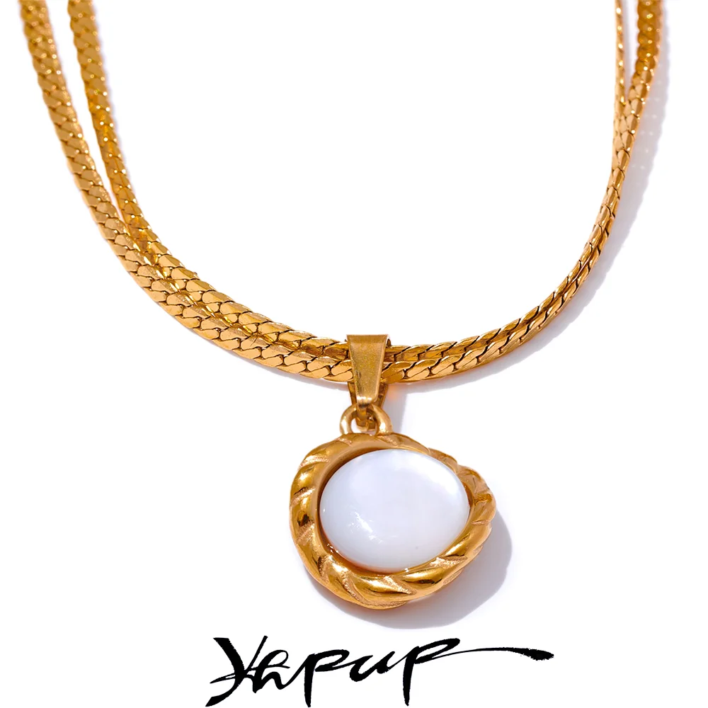Yhpup Stylish Natural Shell Round Chic Pendant Necklace Water Resistant Stainless Steel Elegant Chain Temperament Jewelry Gift
