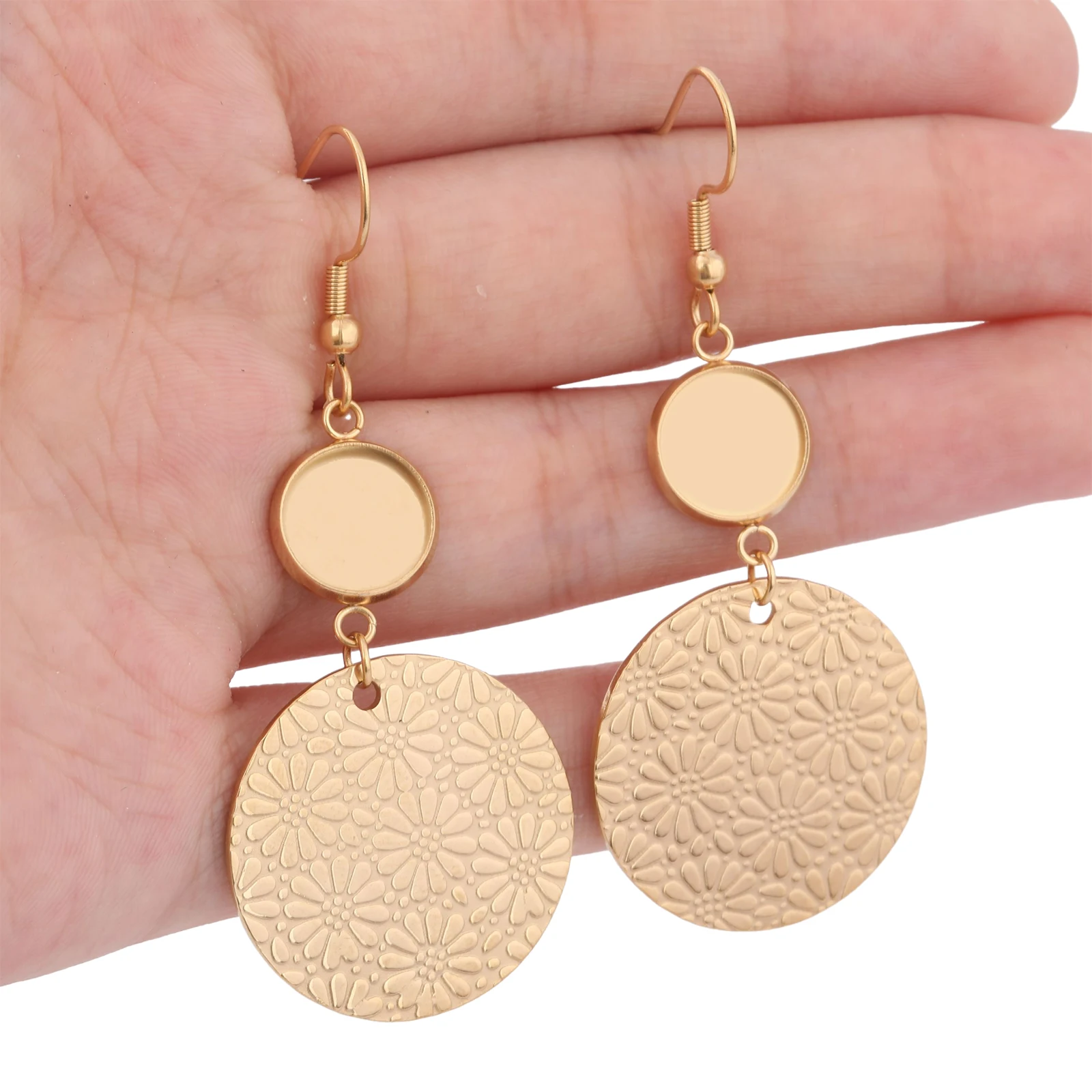 6 Stück Edelstahl vergoldete 10mm Cabochon-Ohrring-Basiselemente mit 25mm bedrucktem Blumenanhänger, DIY-Haken-Zubehör
