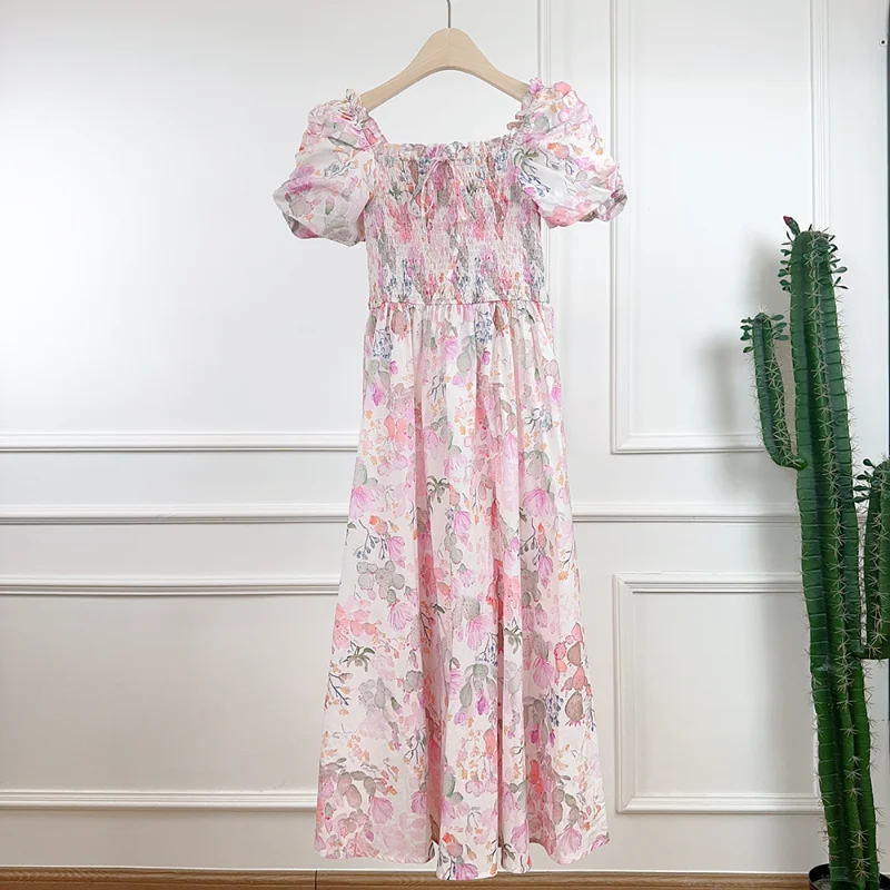 

Summer French Sweet Square Collar Bubble Sleeve Print Long Dress Women Fashion Waist Holiday Short Sleeve Pink Long Dress