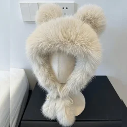 Women Imitation Mink Plush Hat Cute Bear Ear with Ball Kawaii Winter Warm Thickened Bomber Hats JK Cap Ear Protection Cap