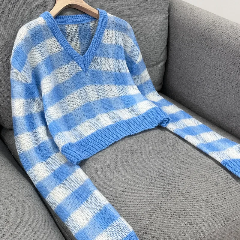 

Women Cropped Sweaters Spring Double-layer Mohair Tops Plaid V-neck Pullover Short Loose Thin Clothing Navel Exposed Blue Beige