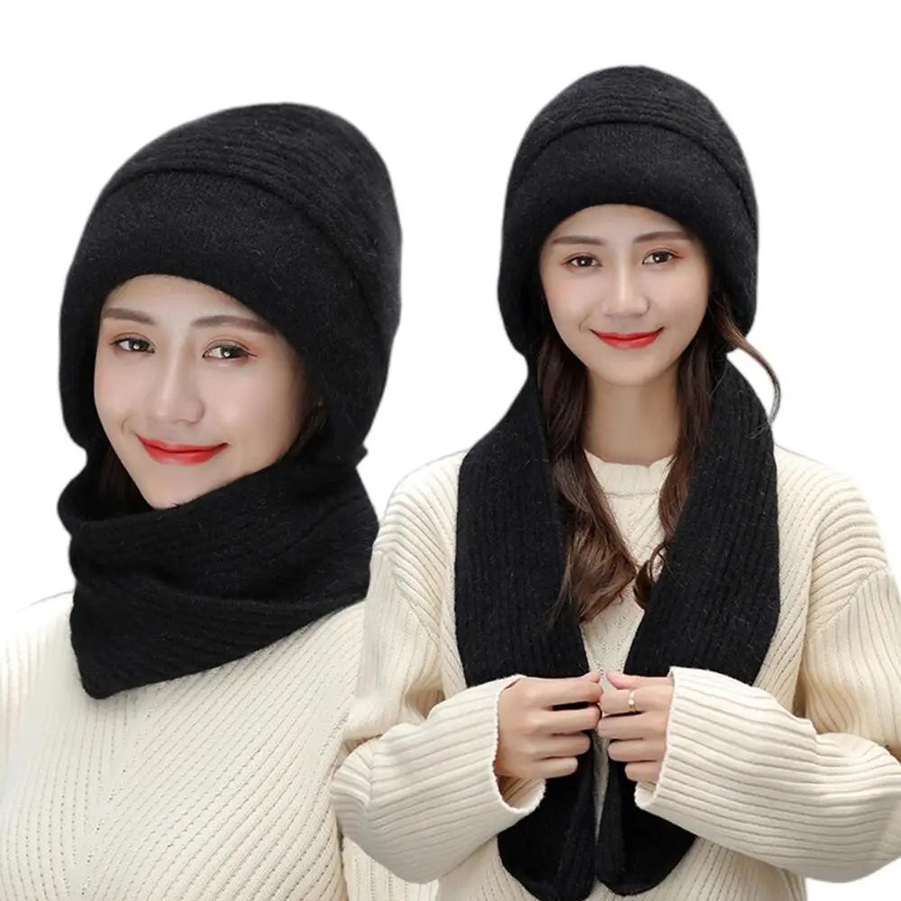 Women Brand New Wool Hats Together With Scarf Female Ear Protector Knit Skullies Beanies Hat Winter Warm Rabbit Fur Caps Bib