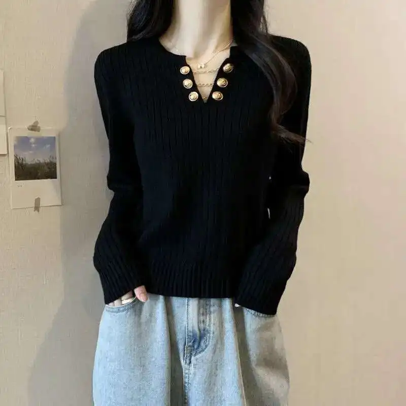 

Plus Size V-Neck Black Slimming Women's Sweater Autumn Winter New Style Cardigan Warm Top Coat