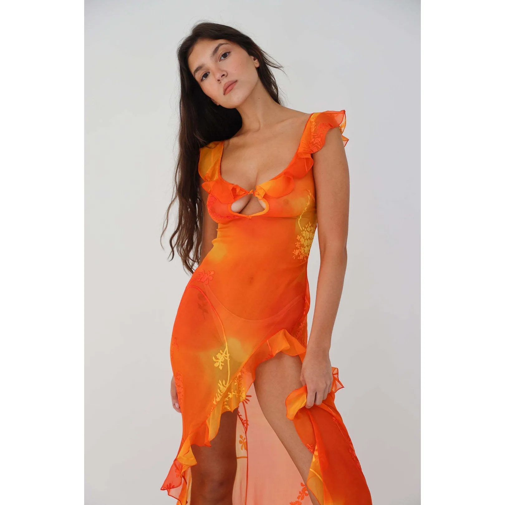 Sexy Low Cut Hollow out Dyed Dr Svel Gored Hem Bal High Slit Long Summer Evening Gown Versatile Faionable