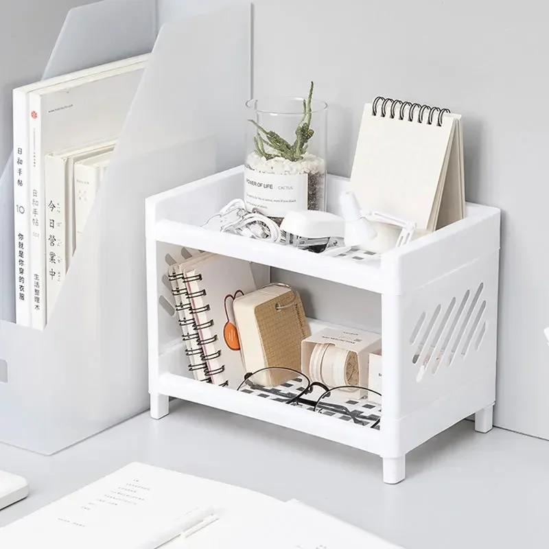 1PC PP Desktop Double Layer Storage Rack Rectangular White Organizing Student Desk Office Cosmetics Stationery