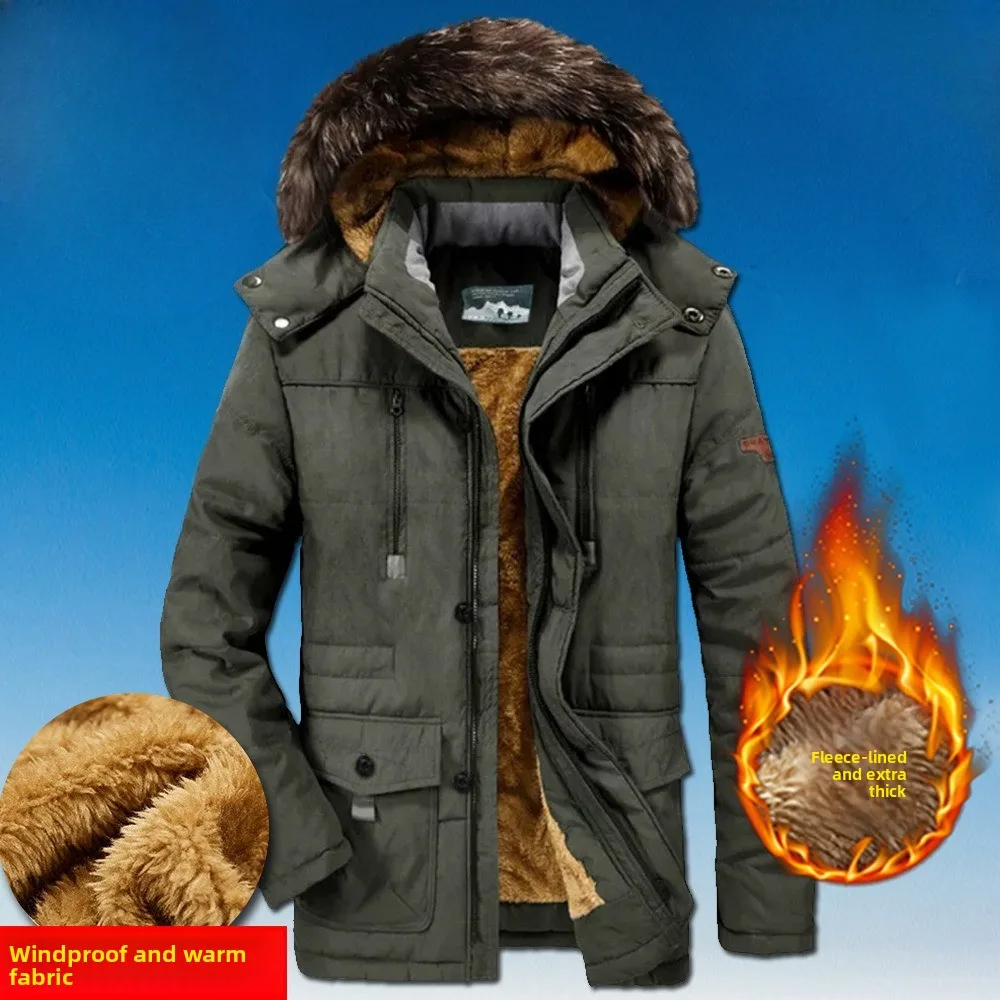 

2025 New Winter Cotton Jacket for Men, Mid-Length, Fleece-Lined, Thickened, Plus Size, Loose Cotton Padded Coat Jacket