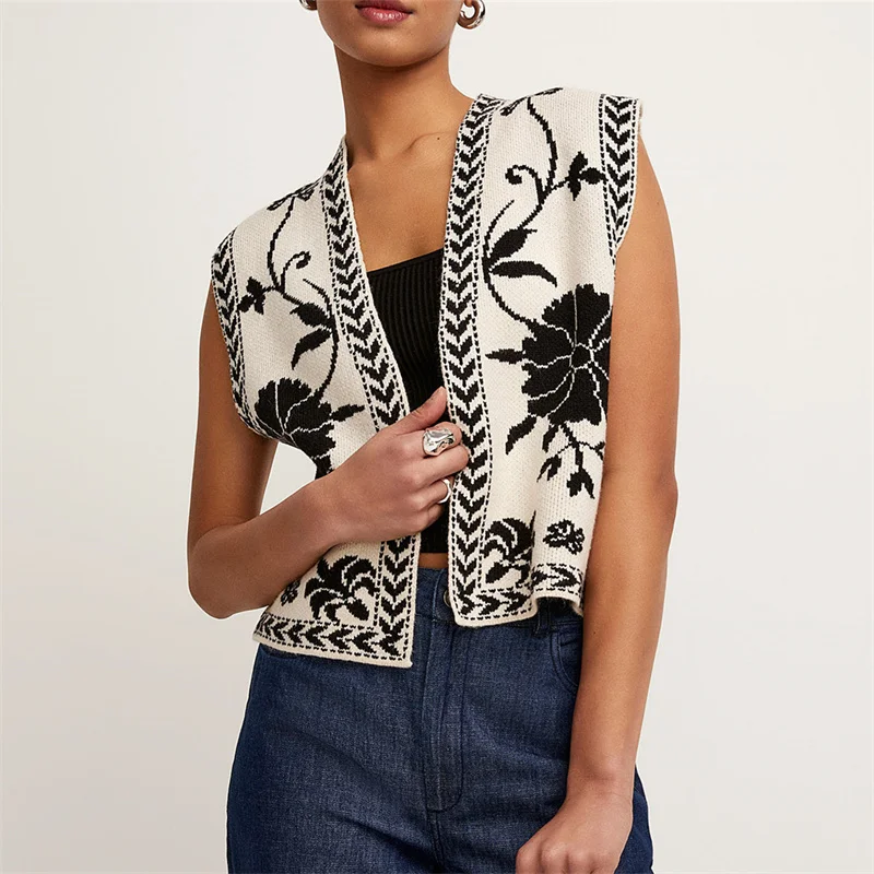 

Y2k Vintage Floral Jacquard Open Knit Sweater Vest For Women Fashion Sleeveless Cardigan Ladies Outerwear Casual Waistcoat