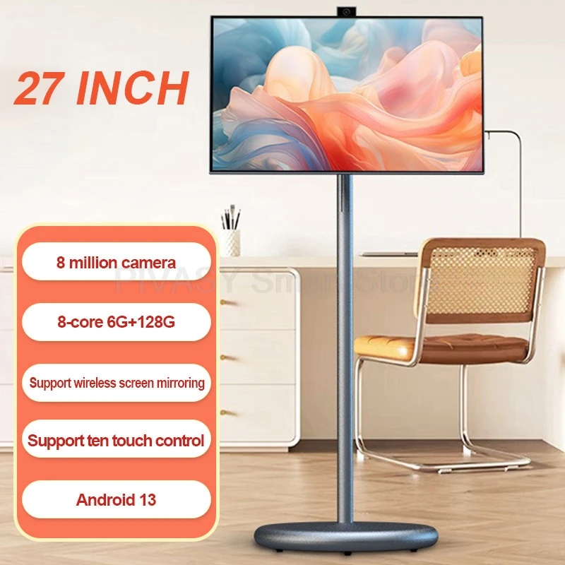 27 Inch Portable Smart TV Android 13 Inbuilt Camera 6+128G Rotatable Touch Screen 9600mAh Recharge Smart Display Gray Monitor