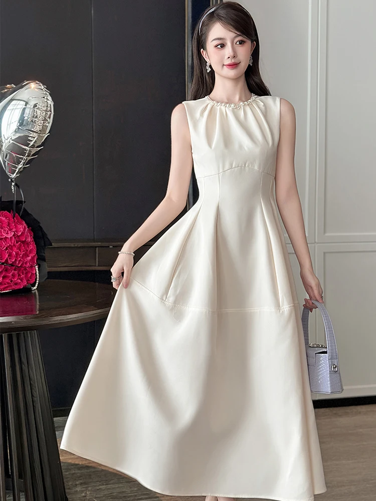 Elegante mode klassieke avondjurk voor vrouwen zoete verjaardag parel geplooid lang gewaad dame vest feestkleding banket vestidos