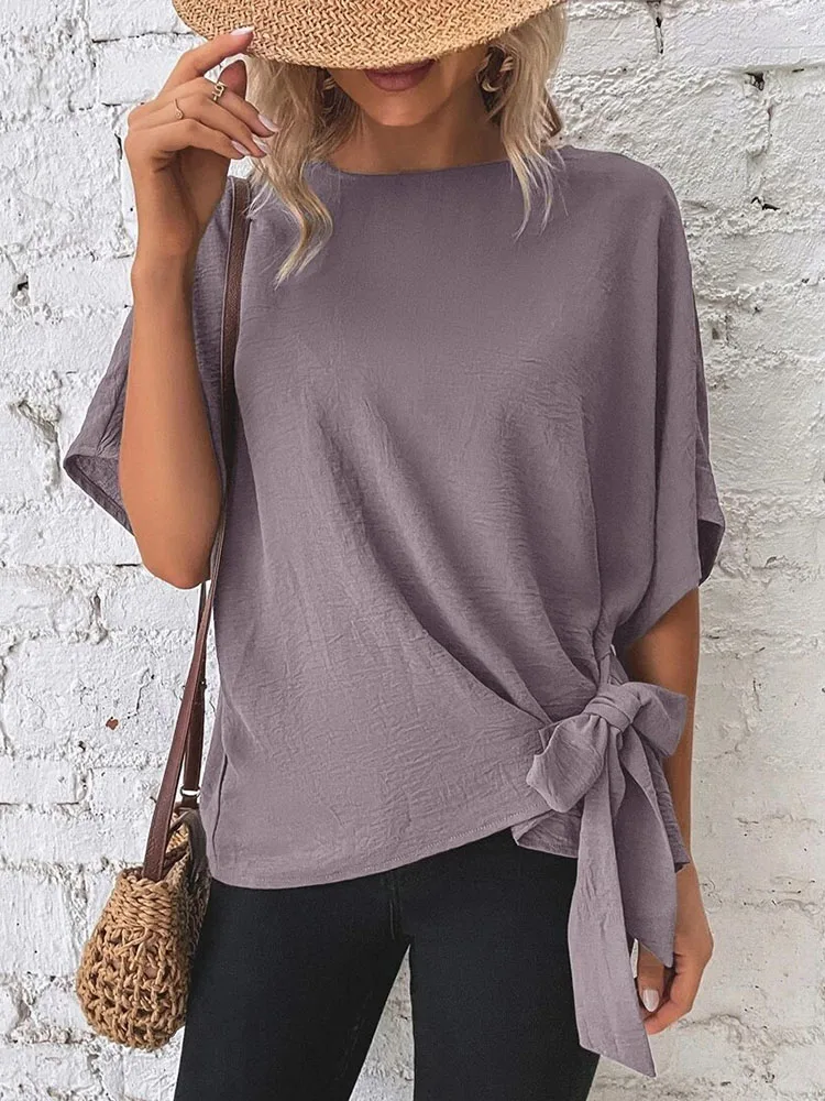 Loose Casual Women\'s Top T Shirt 2023 Summer Solid Fashion Batwing Sleeve Shirt Tops Bow Women Pullover Blouses Female Clothing