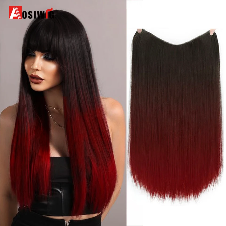 

AOSI Long Straight Ombre Hairpiece Clip In Hair Extension Synthetic Fake Hairpiece For Women V-Shaped Half Wig Black Red