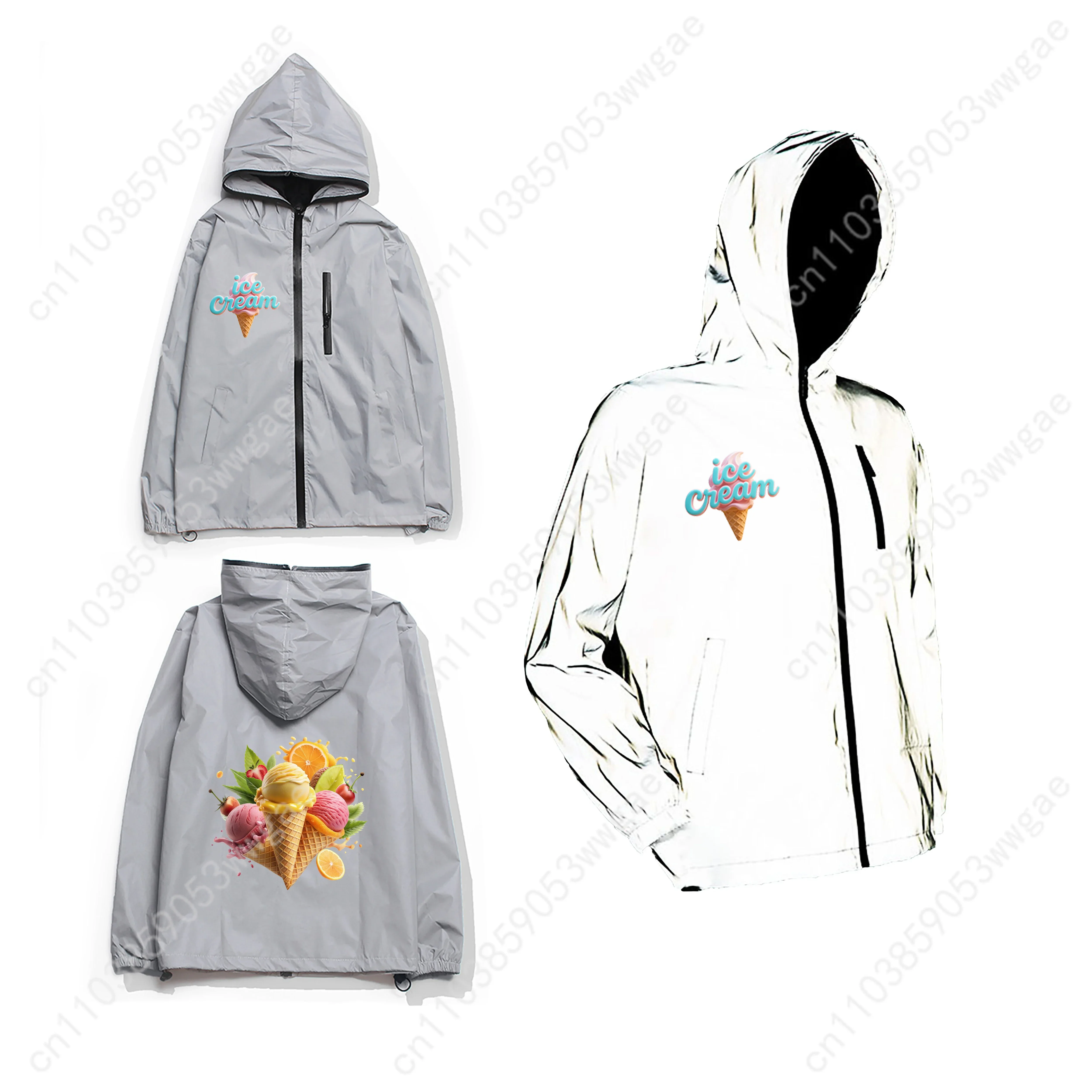 Ice Cream Reflective Jacket Men Women Coat Hooded Windbreaker Run Pocket Jackets Cycling Hiking Zipper Fashion Customized Hoodie