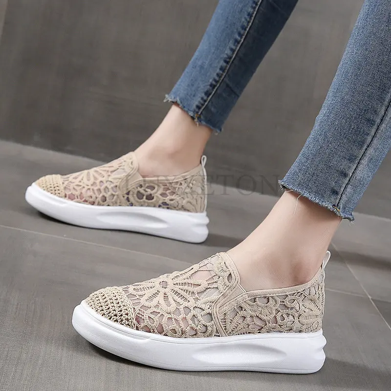 Plateauschoenen Mesh Schoenen Dames Lente Zomer Nieuwe Mode All-Match Sport Sandalen Dikke Zolen Verhoogde Slip-On Sneakers