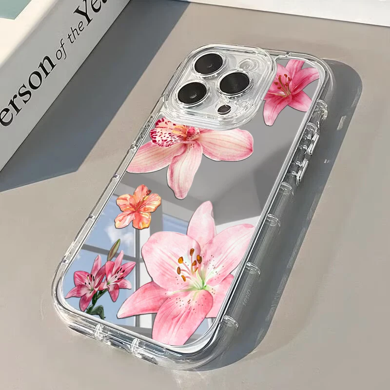 Чехол для телефона с зеркалом и розовыми цветами гибискуса для iPhone 11 12 13 14 15 16 17 Pro Max 7 8 Plus XR X XS 16E 17E, противоударная задняя крышка
