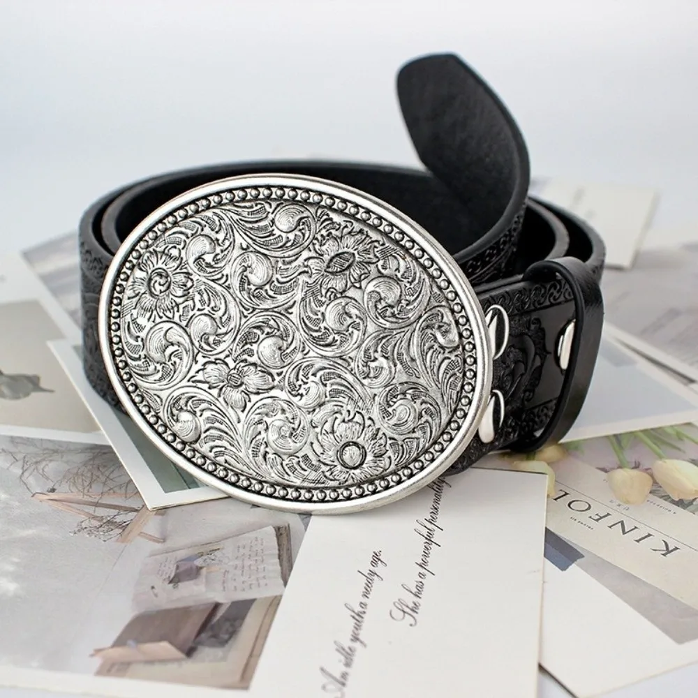 Sabuk Koboi Barat Lebar Modis Sabuk Pinggang Kulit PU Antik Ikat Pinggang Retro Kasual Pria Wanita