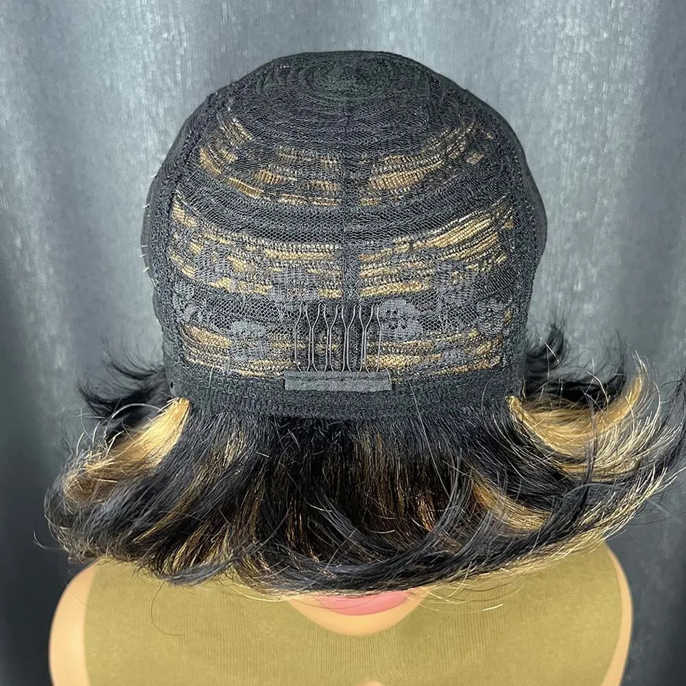 باروكة شعر قصيرة بقص عابث للنساء ذوات البشرة السمراء، لون أسود وأشقر، طبقات كاملة مصنوعة آليًا، شعر مستعار قصير مع غرة