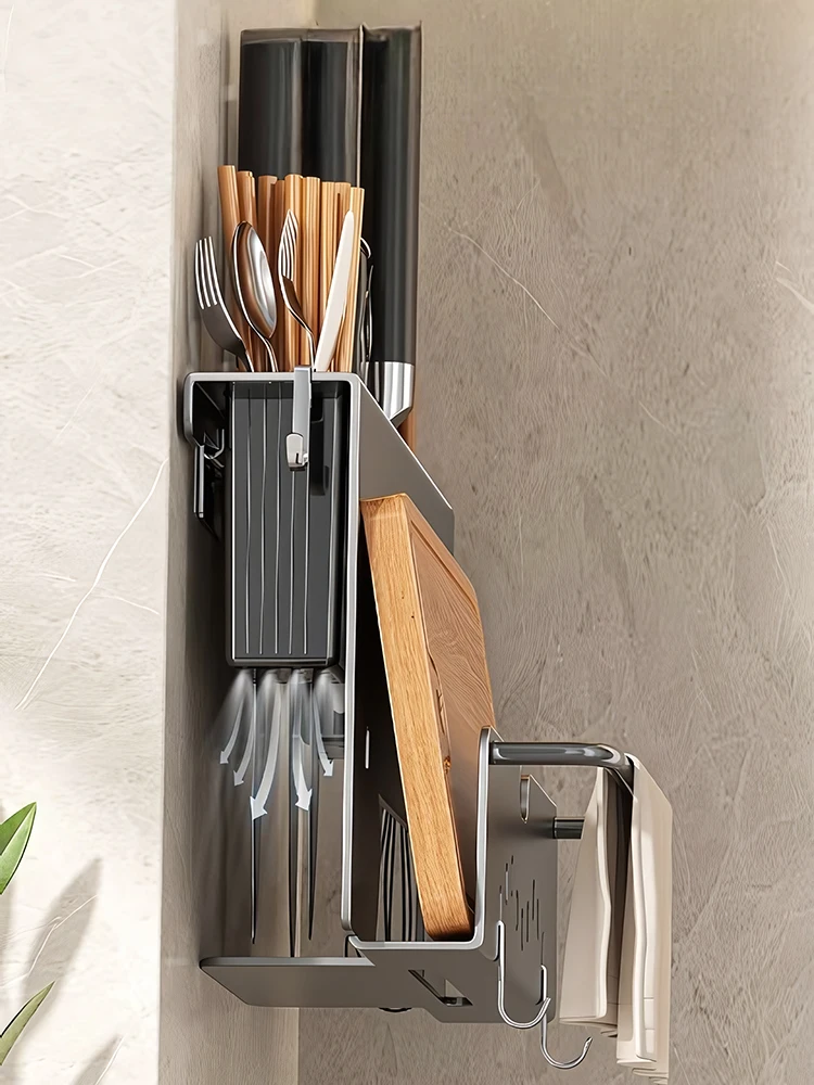 Kitchen Knife Holder Under Cabinet Adhesive Hanging Storage Rack Chopsticks Tube Drain Integrated Cutting Board Stand Hanger