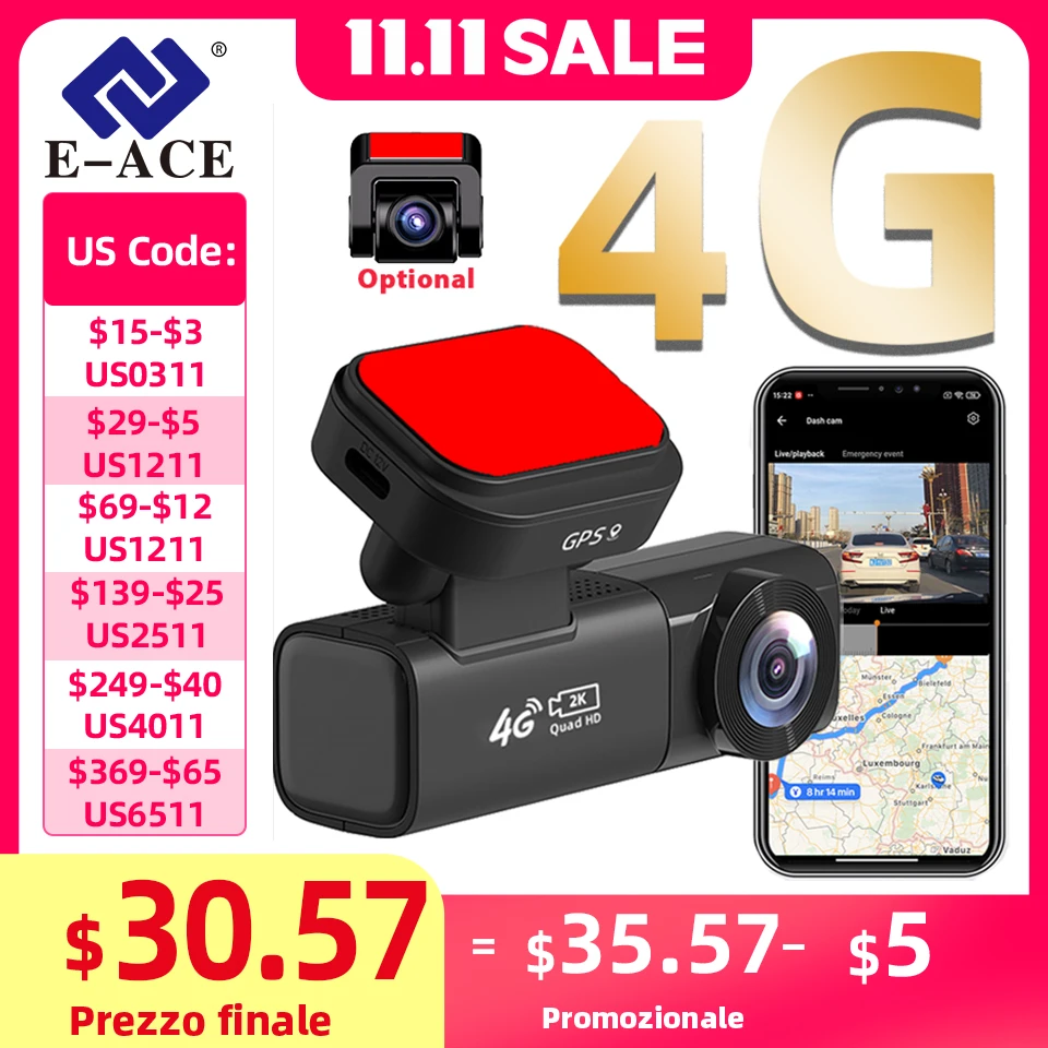 E-ACE 2K 4G Live Dashcam Optional1080P Rear Dual Cam Record GPS Remote Monitor APP Control Cloud Storage Night Vision Hidden DVR