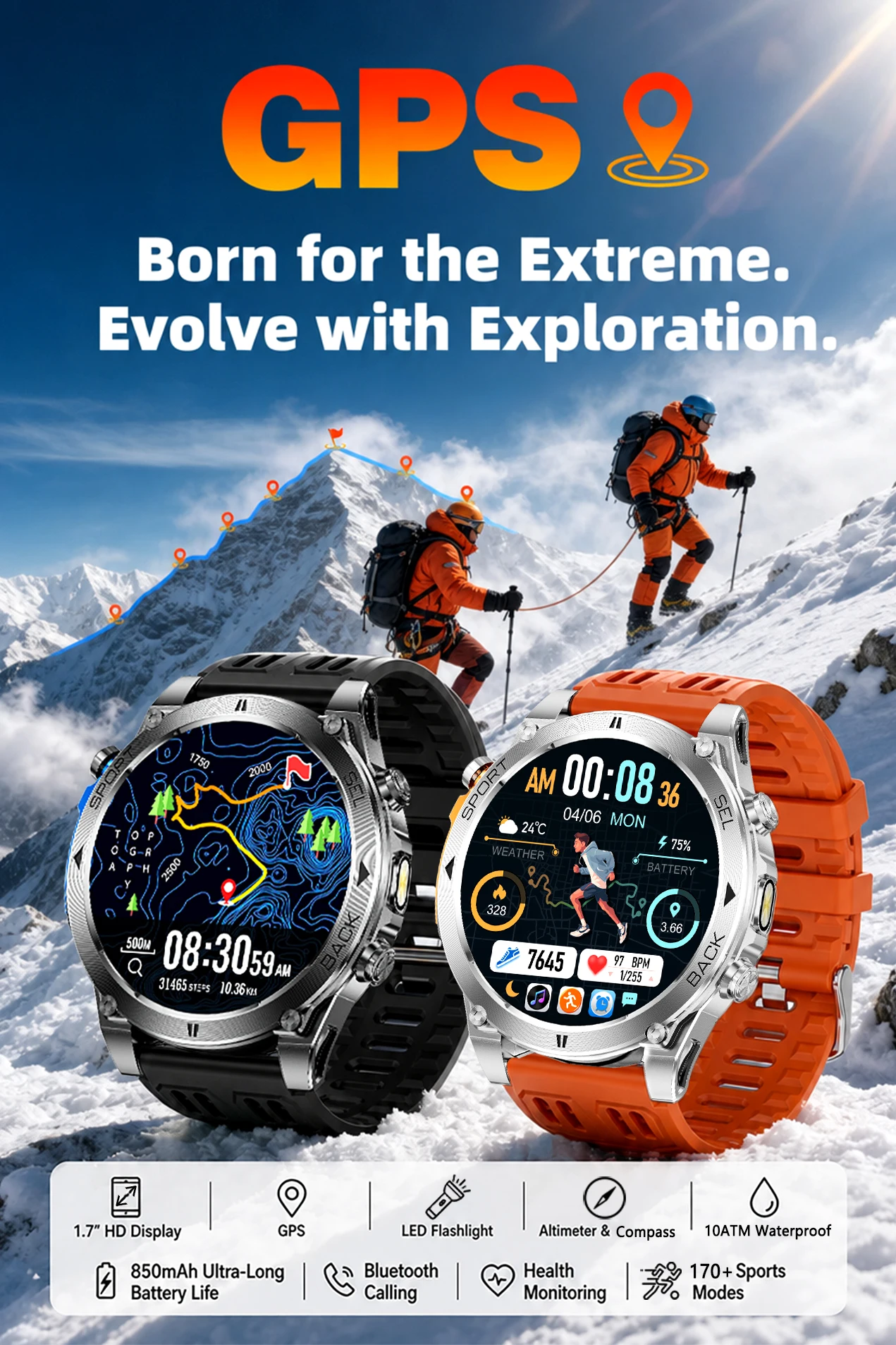 2026 Neue T-RX4 Smartwatch mit integriertem GPS, 10ATM wasserdicht, 850mAh Akku, Kompass, 1,7-Zoll-Großbildschirm, Anruffunktion, Sport-Smartwatch für Herren und Damen – Detail 1