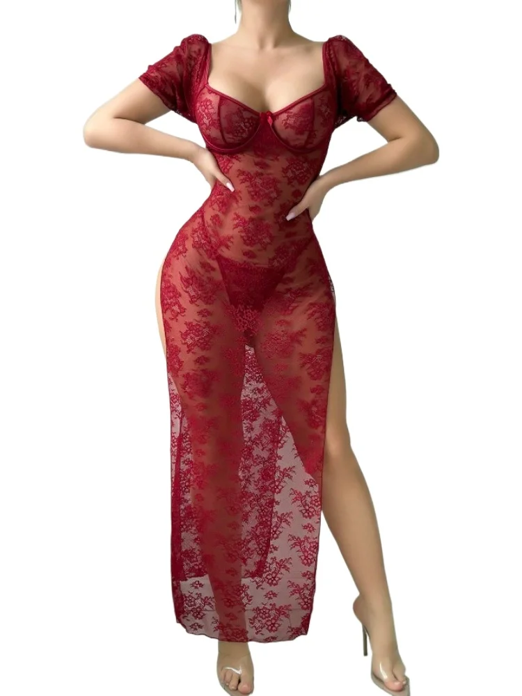 Sexy Underwire Lingerie Nightgown Women's Floral Lace Perspective Split Long Dress Sheer Mesh Square Neck Short Sleeve Babydolls